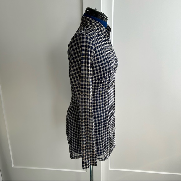 CAbi navy & off white checked blouse, size small. Somewhat sheer. EUC - Picture 3 of 11